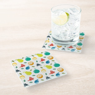 Fruit Pattern, Plum, Orange, Lemon, Pear, Apple Glass Coaster