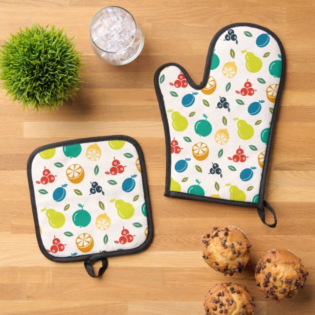 Fruit Pattern, Plum, Orange, Lemon, Pear, Apple Oven Mitt & Pot Holder Set (Top Down)