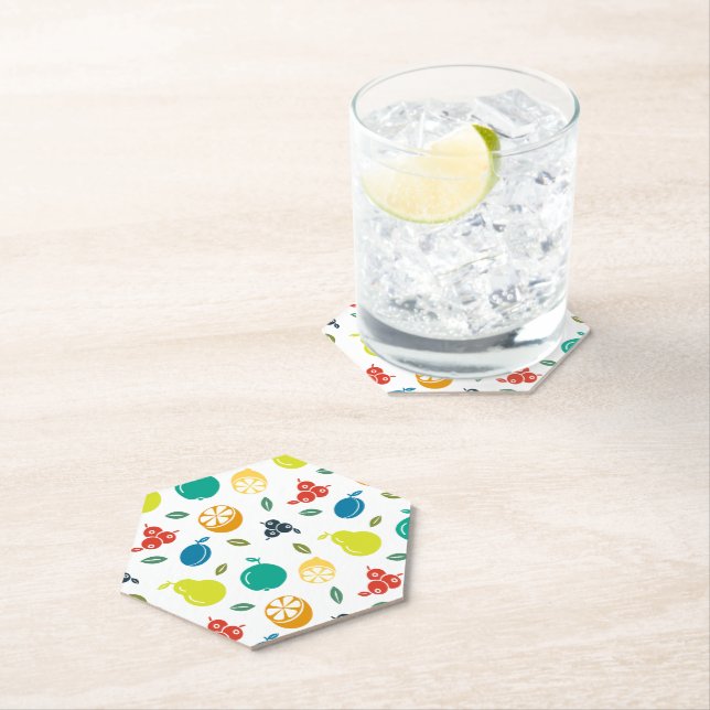 Fruit Pattern, Plum, Orange, Lemon, Pear, Apple Paper Coaster (Insitu)