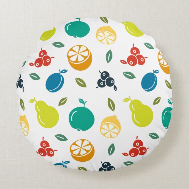 Fruit Pattern, Plum, Orange, Lemon, Pear, Apple Round Cushion (Front)