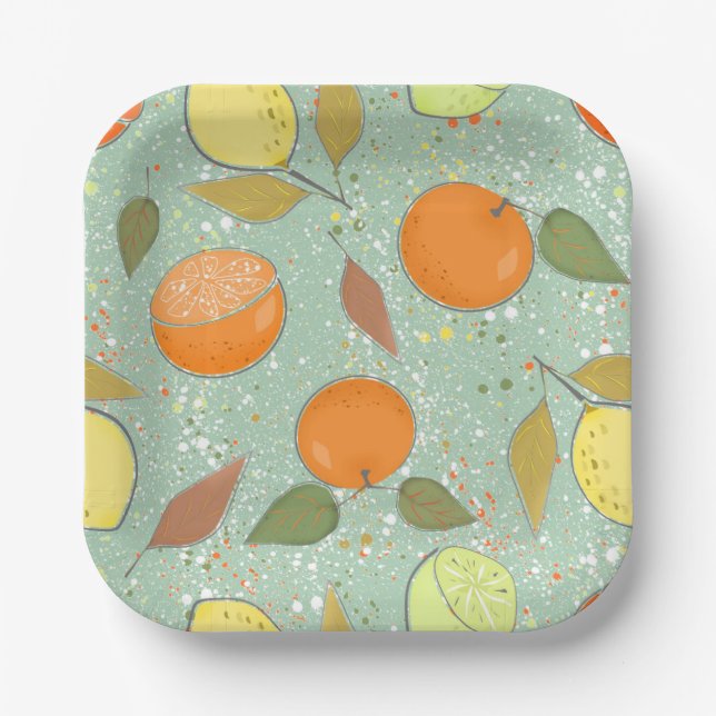 Fruit pattern with lemons, oranges paper plate (Front)