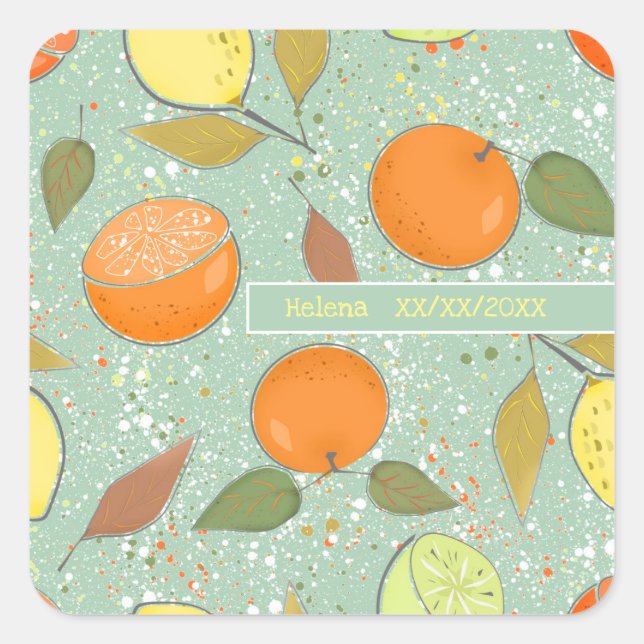 Fruit pattern with lemons, oranges square sticker (Front)