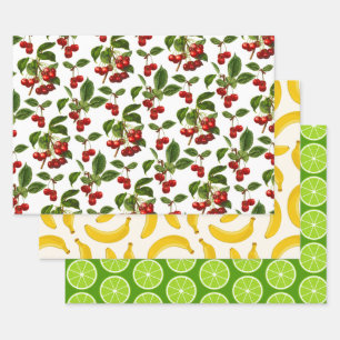 Fruit Patterns, Cherries, Bananas & Lime Slices Wr Wrapping Paper Sheet