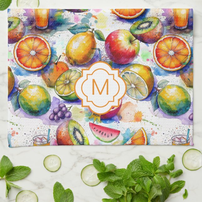 Fruit Punch Watercolor Pattern Personalised Tea Towel (Folded)