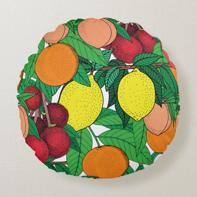 Fruit seamless pattern, hand drawn sketch, orange, round cushion (Front)