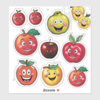 Fruit Stickers and Cheerful Emoji Red Apple