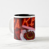 Fruit tart with neon take-out sign Two-Tone coffee mug (Front Left)
