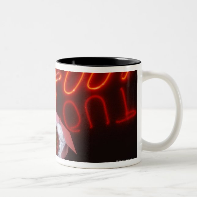 Fruit tart with neon take-out sign Two-Tone coffee mug (Right)