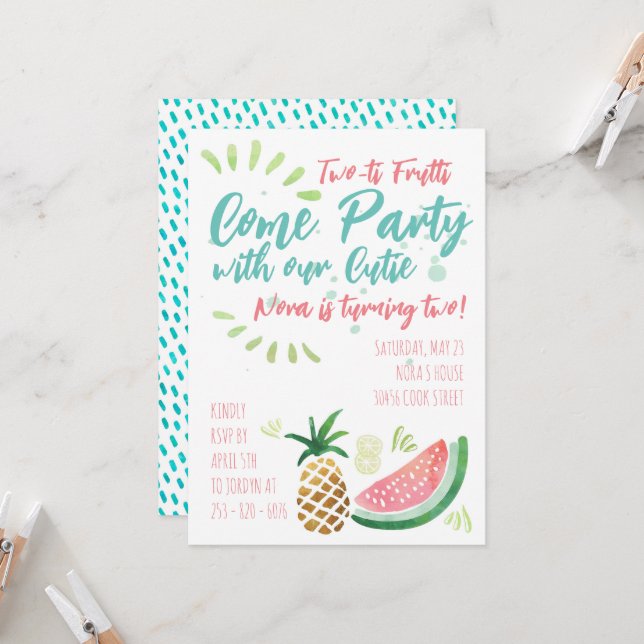 Fruit Themed Party Invite - Two Year Old Birthday  (Front/Back In Situ)