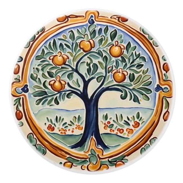 Fruit Tree Mediterranean Italian Rural Folk Art Ceramic Knob (Front)