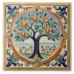 Fruit Tree Mediterranean Italian Rural Folk Art Tile<br><div class="desc">summery sicilian ceramic tile, italian hand painted pattern, mediterranean fruit tree portuguese, dark blue orange citrus nature, summer spring farming countryside, orchard fruits floral farm, authentic classic traditional agrucultural, vintage antique rustic country, folk art spanish rural agriculture, cream green yellow grove</div>