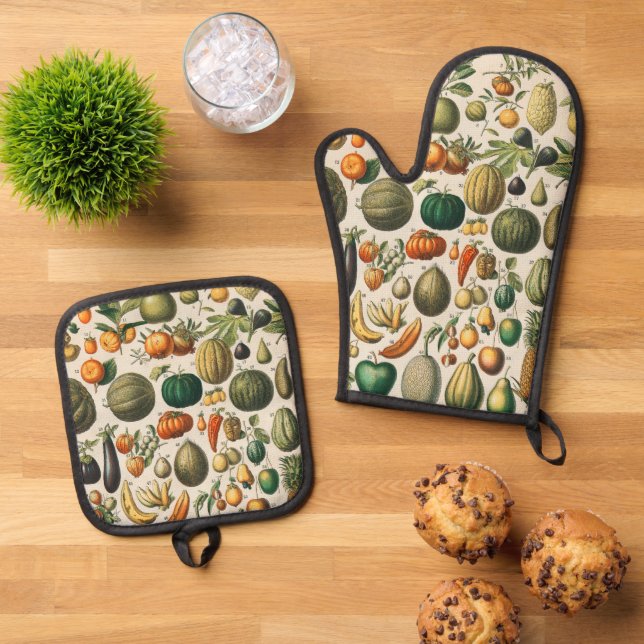 Fruit Vegetable Botanical Scientific Illustration Oven Mitt & Pot Holder Set (Top Down)