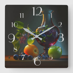 Fruit, Wine and Grapes Still Life  Square Wall Clock