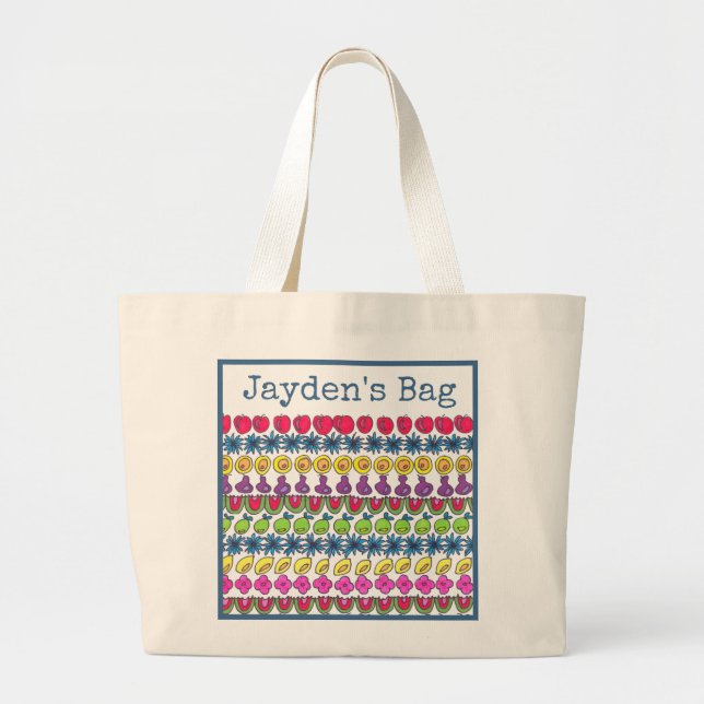 Fruits and flowers patterned.  Personalized Large Tote Bag (Front)