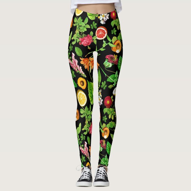 Fruits And Leaves Pattern On Black Leggings (Front)