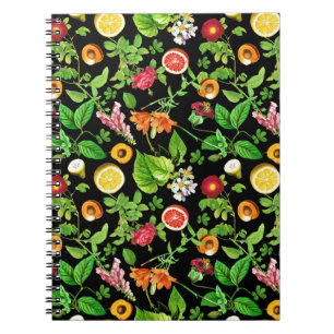 Fruits And Leaves Pattern On Black Notebook