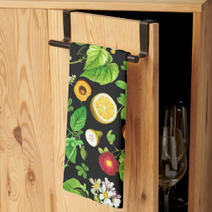Fruits And Leaves Pattern On Black Tea Towel