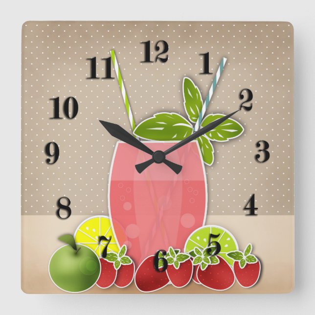 Fruits cocktail strawberry apple lemon lime retro square wall clock (Front)