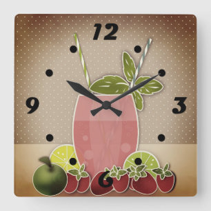 Fruits cocktail strawberry apple lemon lime retro square wall clock
