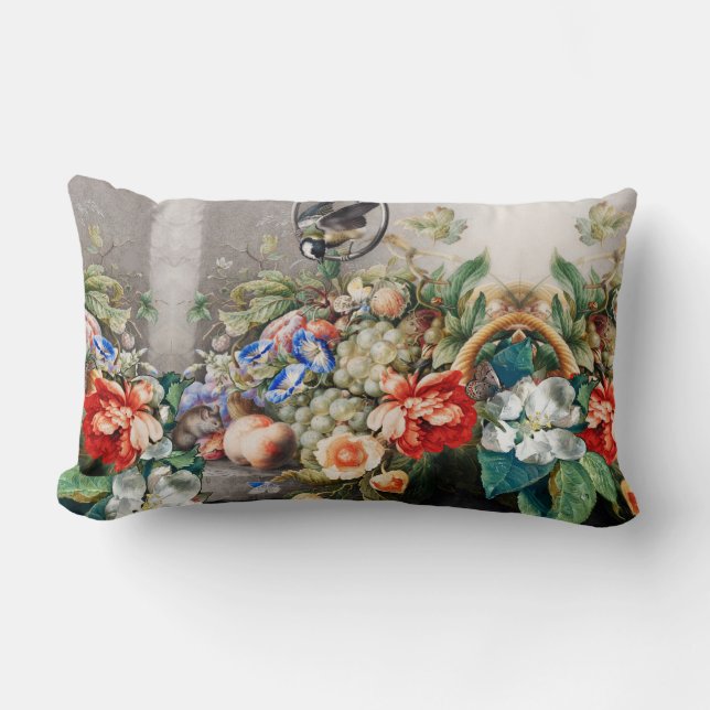 FRUITS ,FLOWERS,GRAPES ,PEACHES AND LITTLE BIRD LUMBAR CUSHION (Front)