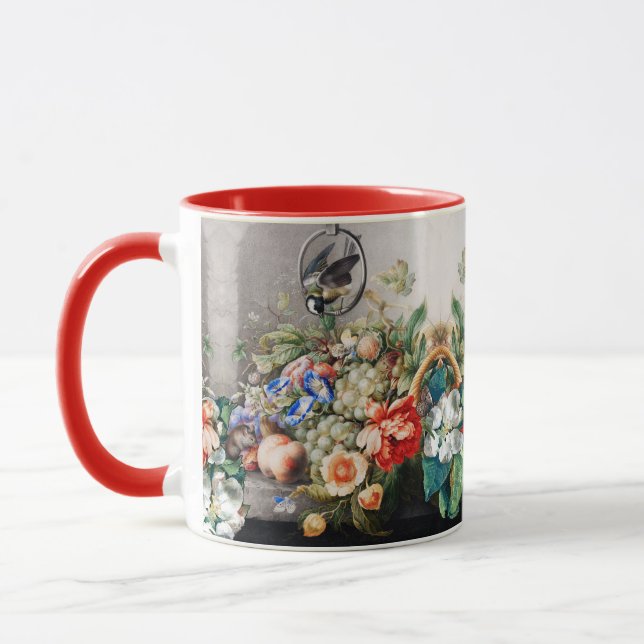 FRUITS ,FLOWERS,GRAPES ,PEACHES AND LITTLE BIRD MUG (Left)