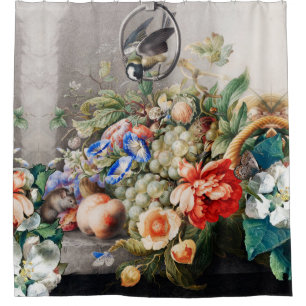 FRUITS ,FLOWERS,GRAPES ,PEACHES AND LITTLE BIRD SHOWER CURTAIN