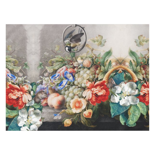 FRUITS ,FLOWERS,GRAPES ,PEACHES AND LITTLE BIRD TABLECLOTH (Front (Horizontal))