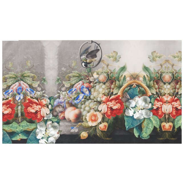 FRUITS ,FLOWERS,GRAPES ,PEACHES AND LITTLE BIRD TABLECLOTH (Front (Horizontal))
