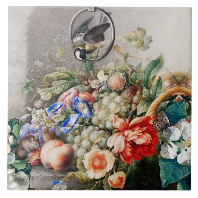 FRUITS ,FLOWERS,GRAPES ,PEACHES AND LITTLE BIRD TILE (Front)
