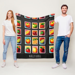 Fruits in squared box Red Green Pattern Fleece Blanket