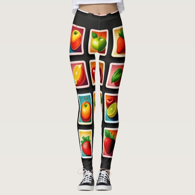 Fruits in squared box Red Green Pattern Leggings (Front)