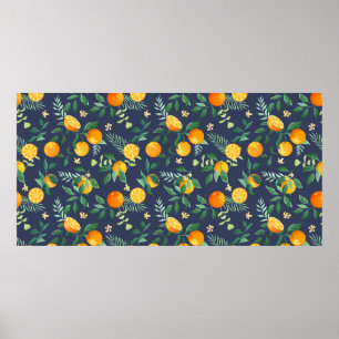 Fruits oranges with tropical leaves and flowers on poster