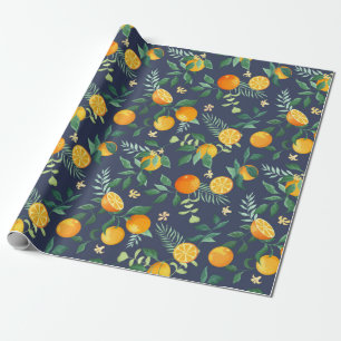 Fruits oranges with tropical leaves and flowers on wrapping paper