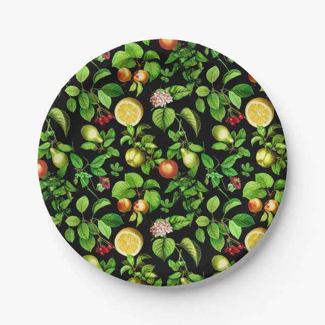 Fruits Pattern On Black Background Paper Plate (Front)