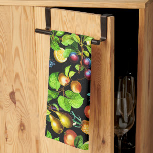 Fruits Pattern On Black Background Tea Towel