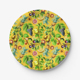 Fruits Pattern On Yellow Background Paper Plate
