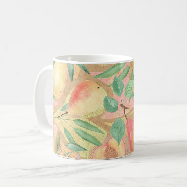 Fruits, peaches, pears, lemons, watercolor coffee mug (Front Left)
