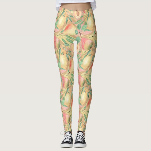 Fruits, peaches, pears, lemons, watercolor leggings (Front)