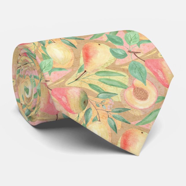 Fruits, peaches, pears, lemons, watercolor tie (Rolled)