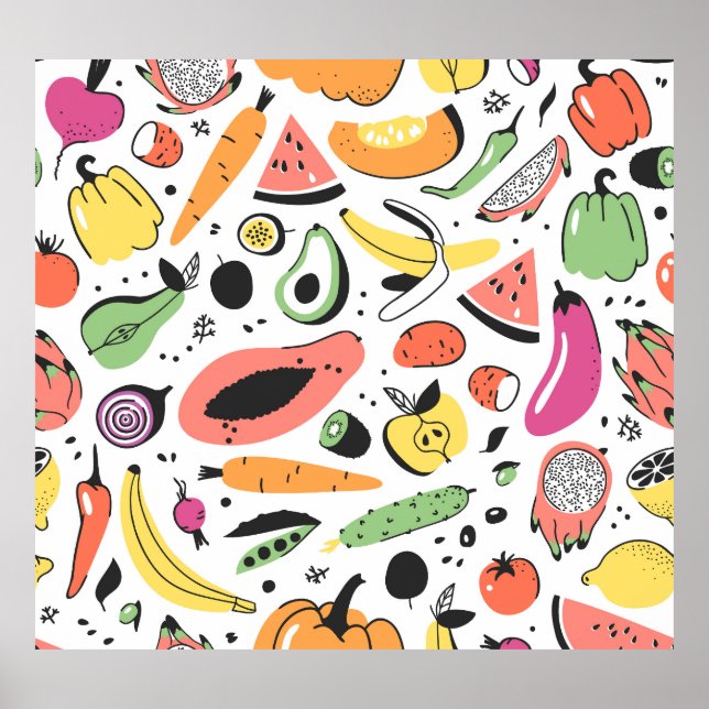 Fruits, vegetables hand drawn pattern. poster (Front)