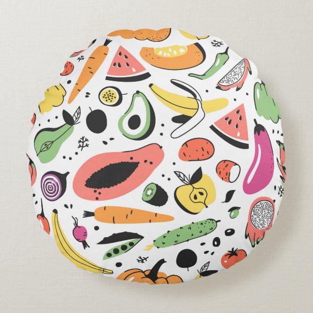 Fruits, vegetables hand drawn pattern. round cushion (Front)