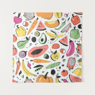 Fruits, vegetables hand drawn pattern. tapestry