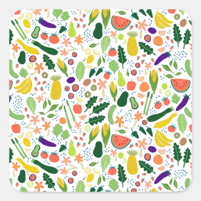 Fruits & Veggies Food Illustration Pattern Cute Square Sticker (Front)