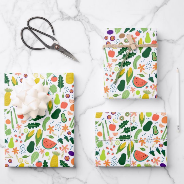 Fruits & Veggies Food Illustration Pattern Cute Wrapping Paper Sheet (Front)