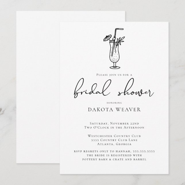 Fruity Drink Black White Calligraphy Bridal Shower Invitation (Front/Back)
