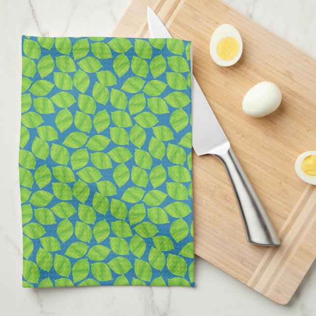 Fruity Green Limes on Blue Background to Customize Tea Towel (Quarter Fold)