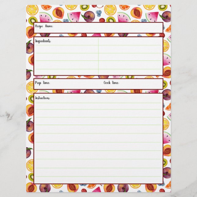 Fruity Recipe Sheet (Front)