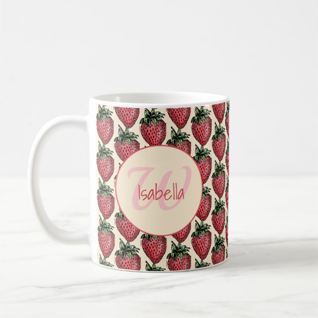 Fruity Strawberry Cluster Patten Monogram Name Coffee Mug (Left)