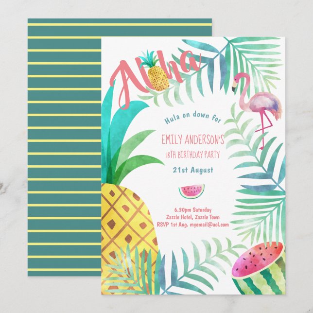 Fruity Tropical Birthday Party  Invites Flamingo (Front/Back)