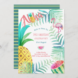 Fruity Tropical Birthday Party Invites Flamingo